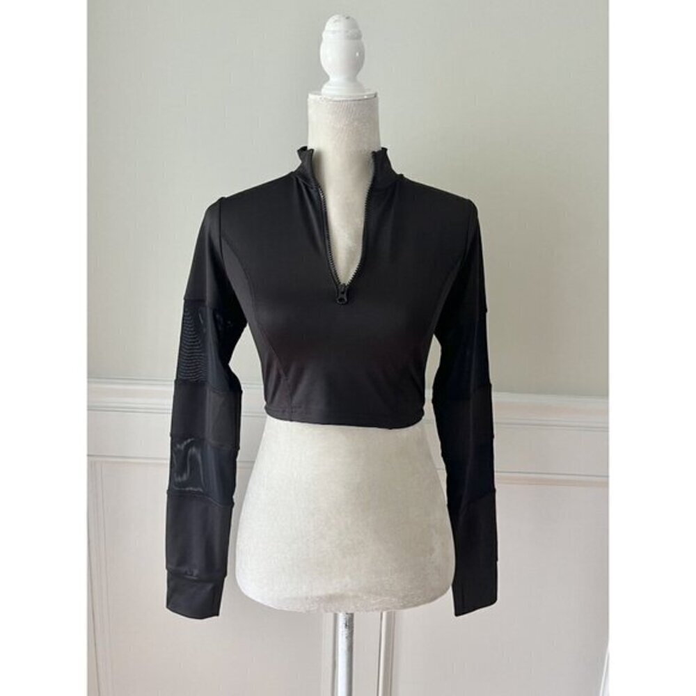 Forever 21 Black Crop Athletic Jacket Sheer Sleeve Insets Size Small EUC